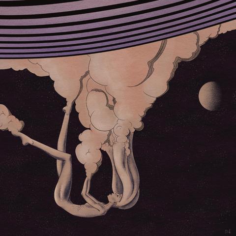 Un être humanoide sortant d’un nuage de fumé lié a une sorte de planète / œuf. Une sorte de genèse entre deux eaux.