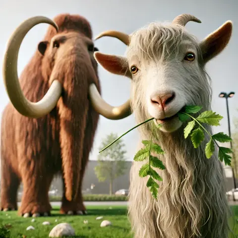 Lighthearted illustration of a goat and a mastodon.