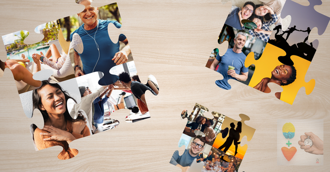 Branded art for my free weekly newsletter. Background is a blank wooden table top with a bunch of puzzle pieces filled in with stock photography images depicting healthy families, couples, individuals—smiling, exercising, hiking, vacationing etc.
