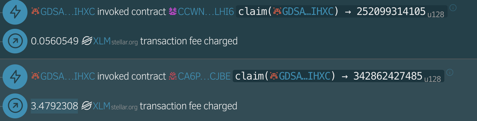 A screenshot showing cryptocurrency transactions with contract claims and transaction fees. One of the fees is 70 times bigger for the same operation type. Overall contracts fees are 100-7000 times higher than classic Stellar operations.