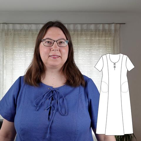 Close up of a woman in a light blue dress featuring a lacing detail at the neckline. In the bottom right corner, a line drawing of the pattern.