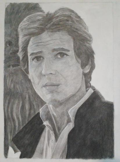 a black and white painting of han solo from star wars, chewbacca behind him, done in black and white, a white background 