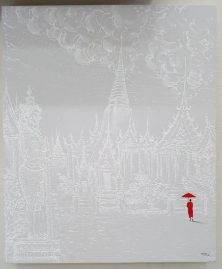 a painting, white linework of temples and clouds on off-white, s small monk in red-orange robes with an umbrella standing before the massive buildings in the lower right corner 