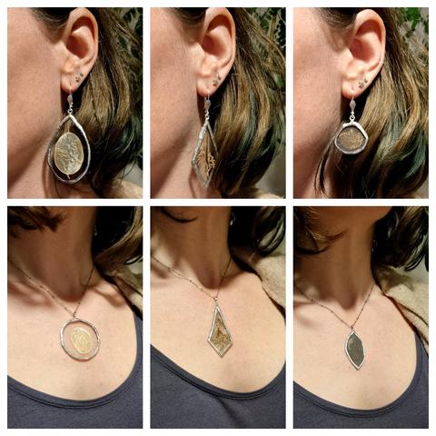 A collage of 6 pictures showing how the earrings and pendants look when worn.