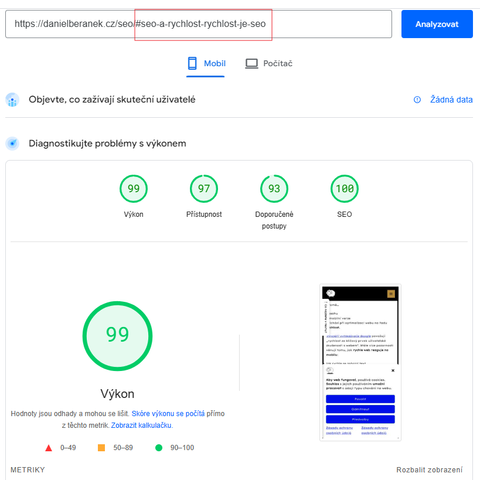 Výsledek Pagespeed Insights pro jump link https://danielberanek.cz/seo/#seo-a-rychlost-rychlost-je-seo