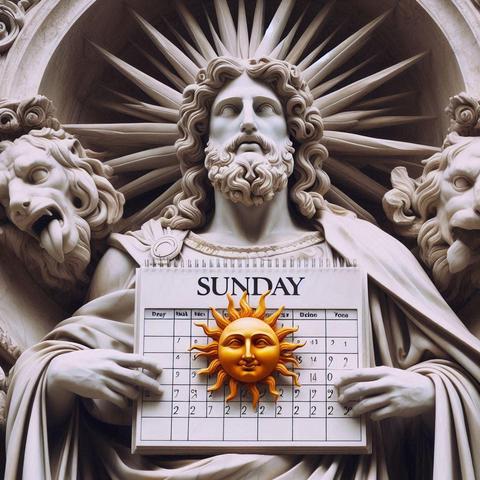 Una estatua de Helios, sosteniendo una calendario que dice "SUNDAY" y tiene un sol dorado. Generada con Bing