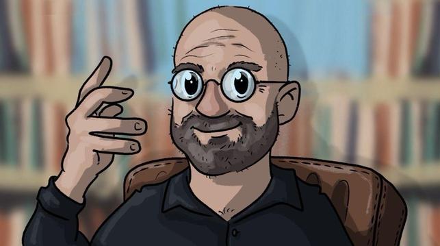 Eine karikaturhafte Illustration eines glatzköpfigen Mannes mit Brille und Bart, der auf einem Stuhl sitzt. Er gestikuliert mit einer Hand und lächelt. Im Hintergrund befinden sich verschwommene Regale, die auf eine Bibliothekseinstellung hindeuten. Christian von Aster