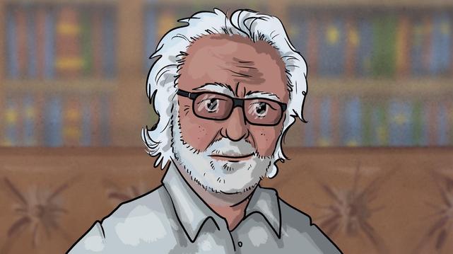 Das Bild zeigt die Illustration eines älteren Mannes mit weißen Haaren und Bart, der eine Brille und ein helles Hemd trägt. Im Hintergrund ist ein verschwommenes Bücherregal zu sehen. Hans Meurer