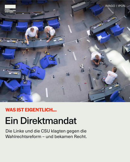Sharepic mit dem Text: "Was ist eigentlich... Ein Direktmandat. Die Linke und die CSU klagten gegen die Wahlrechtsreform – und bekamen Recht."