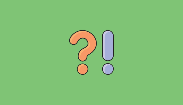 A large question mark in two shades of orange and a large exclamation mark is in two shades of purple. Both sit on a green background.