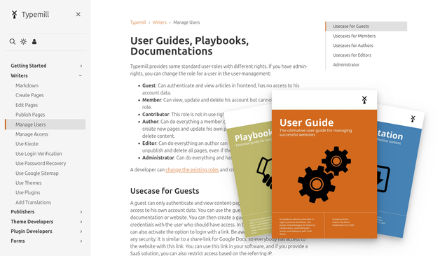 Screenshot of a website and PDF publications produced with Typemill