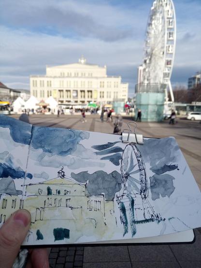 Ink and watercolour sketch of Augustusplatz, Leipzig, Germany. The photo shows the original location, including historical buildings.