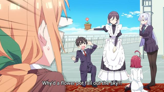 Maid Mei grabs a falling flower pot before it hits Rentarou, a brown haired high school dude. Nano, a busty lilac haired chick, and Kusuri, a petite redheaded chick in a lab coat look on.

In the foreground, a shocked Karane, a gold haired chick with a green hair ribbon, looks at the scene, with her eyes comically bulging.

Her subtitles read "Why'd a flower pot fall out of the sky?!"