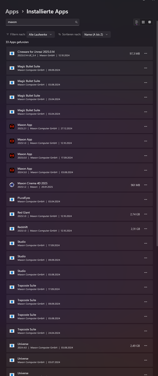 Screenshot der WIndows Appverwaltung mit ganz vielen Versionen aller möglichen Maxon-Apps