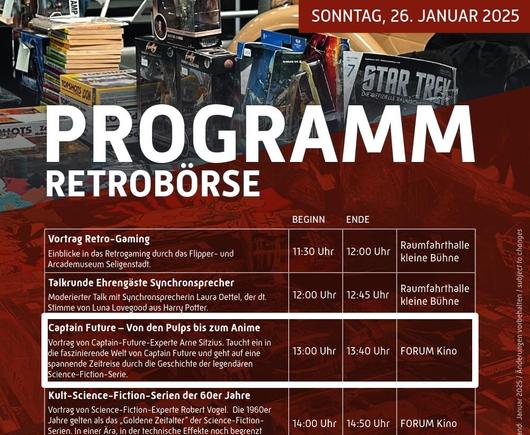 Programm der Retrobörse im Technik-Museum Speyer, 26. Januar 2025 - der Teil mit meinem Vortrag ist fett weiß umrandet ;-)
