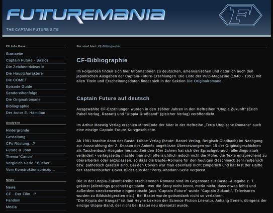 Screenshot der Bibliographie-Sektion von Futuremania.de (in der üblichen Farbfassung weiße Schrift auf schwarzem Hintergrund): Zu sehen ist der Einstieg, beginnend mit den deutschen Ausgaben. Wenn man weiter nach unten scrollt, findet man nachfolgend die amerikanischen und japanischen Ausgaben, und ganz zum Schluss die "Derivate", sprich: Reboots und CF-Comics.