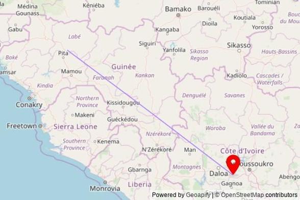 A map showing the great circle route from Labé in Guinea to a map pin at Eglise Catholique Saint Michel, Sinfra-Bouaflé, Sinfra, Côte d'Ivoire