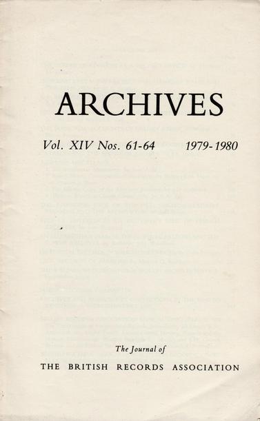 The front cover of the Index to Vol XIV, Nos 61-64, of Archives: The Journal of the British Records Association, 1979-1980. Plain white pamphlet with title in black.