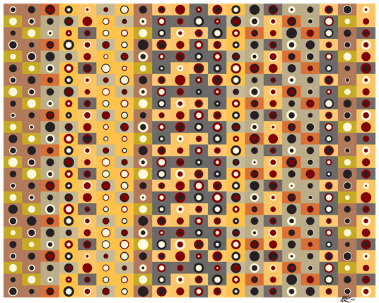 A grid off soft natural plant dye colours with deep red, cream, and black ringed circles in them. The circles vary in size and thickness of the rings. The rings use the same colours as the circles. The overall pattern gives an impression of symmetry and regularity, but if you look closer it breaks down, or only holds in certain zones. There is something of a columnar structure where a few columns have a similar limited colour palette. Tan and greenish yellow alternating, yellow with interspersed greys, yellow with regular patterns of grey (shaped like inverse ys), and so on. But again, look closely and the sense of regularity breaks down.

Colophon: Formed using the Fibonacci sequence to select colours from the grid boxes in sequence and a mirrored Hamming weight sequence to select the colours of the circles in sequence. Combinations of the two sequences with different moduli drive the circle sizes and rings.