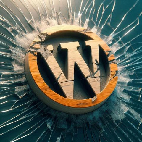 Image of WordPress Word logo breaking apart with broken glass