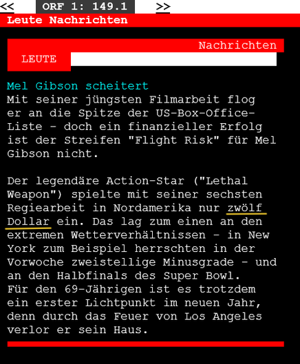 Screenshot teletext.orf.at Seite 149.1 vom 27.1.2025. Text: "Mel Gibson scheitert - Mit seiner jüngsten Filmarbeit flog er an die Spitze der US-Box-Office-Liste - doch ein finanzieller Erfolg ist der Streifen "Flight Risk" für Mel Gibson nicht. Der legendäre Action-Star ("Lethal Weapon") spielte mit seiner sechsten Regiearbeit in Nordamerika nur zwölf Dollar ein. Das lag zum einen an den extremen Wetterverhältnissen - in New York zum Beispiel herrschten in der Vorwoche zweistellige Minusgrade - und an den Halbfinals des Super Bowl. Für den 69-Jährigen ist es trotzdem ein erster Lichtpunkt im neuen Jahr, denn durch das Feuer von Los Angeles verlor er sein Haus." Zur Hervorhebung unterstrichen sind die Worte "zwölf Dollar".
