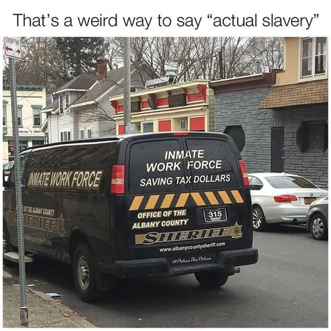 Text:
Above photograph
That’s a weird way to say “actual slavery”

Photograph 
A large brown van parked in street.

Van has text:

INMATE WORK FORCE

Saving Tax Dollars 

Office of The Albany County SHERIFF

Www.AlbanyCountySherrif.com 