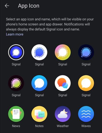 A screenshot of the custom icons available for Signal. Some of them are things like "Weather" and "News". 