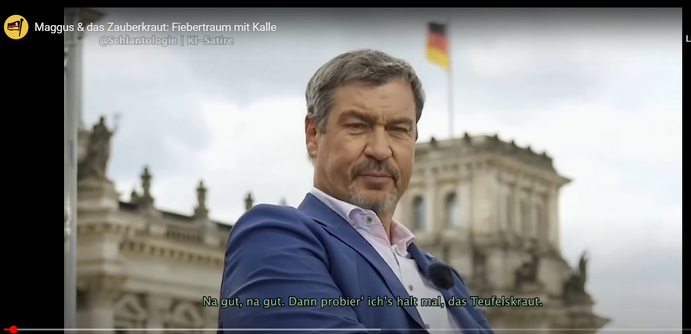 Satire

Das letzte Mal, dass wir unseren Ministerpräsidenten sorgenfrei sehen. Seine Sehnsucht ist auch sein Albtraum.

Screenshot 28.01.2025 Video mit KI generiert Ein Mann sitzt im Freien und schaut in die Kamera. Szene aus dem Video Unten steht ein Text Na gut, na gut! Dann probiere ich es halt das Teufelskraut.

https://youtu.be/CubOKTw7I7I