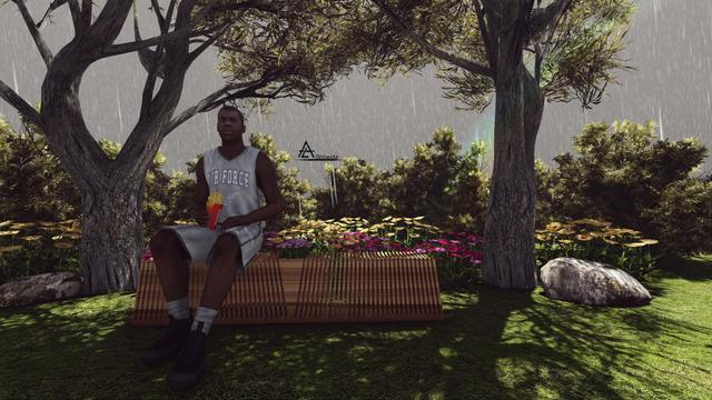 seating place (seat) in landscape: This seat is designed with wood frames attached from the bottom to a rectangular base and with a place for flowers.