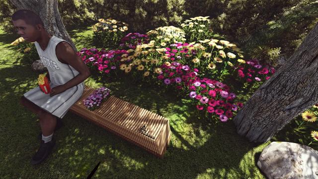 seating place (seat) in landscape: This seat is designed with wood frames attached from the bottom to a rectangular base and with a place for flowers.