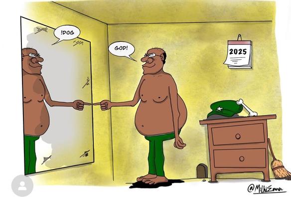Un dessin de @MichiEmma. On y voit un général Birman se regarder dans un miroir et se dire : Dieu. Le miroir lui répond: Chien. Il y a aussi un calendrier 2025 accroché au mur, un képi vert et un os posés sur une commode, et enfin un balai de sorcière par terre.