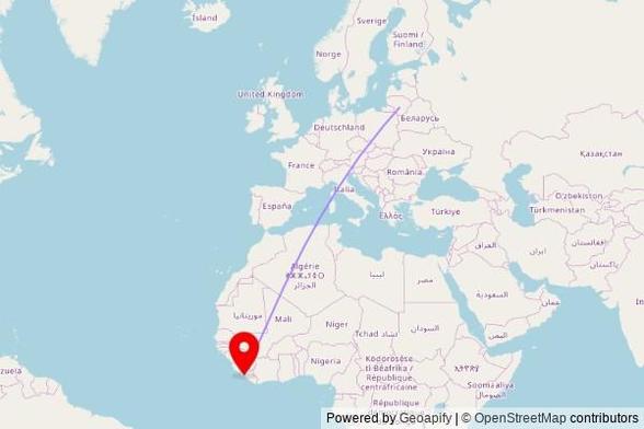 A map showing the great circle route from Kaunas in Lithuania to a map pin at Branch Office of Jehovah's Witnesses, Police Academy Road, 6133 Greater Monrovia, Liberia