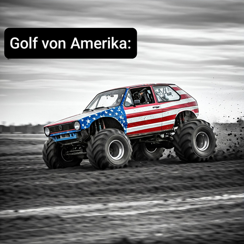 EIn Monstertruck auf Basis eine Golf 1. Das Fahrzeug ist in den Farben einer amerikanischen Fahne gehalten und spielt auf den "Golf von Mexico" an den Trump in "Golf von Amerika" umbenennen will.