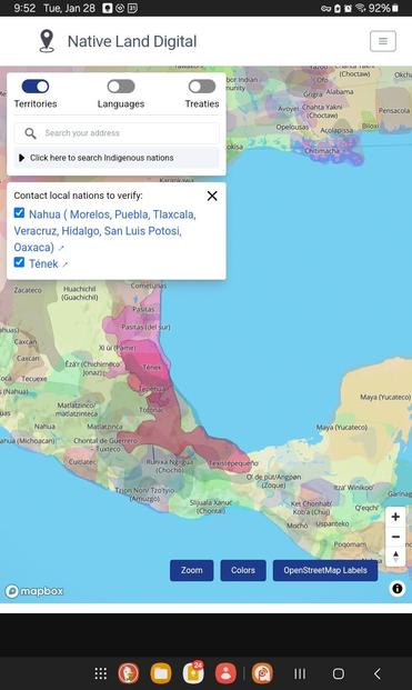 Screenshot of a map of the Gulf of Mexico from https://native-land.ca/. A highlighted (darkened) area indicates lands previously occupied by the Nahua, according to an inset.