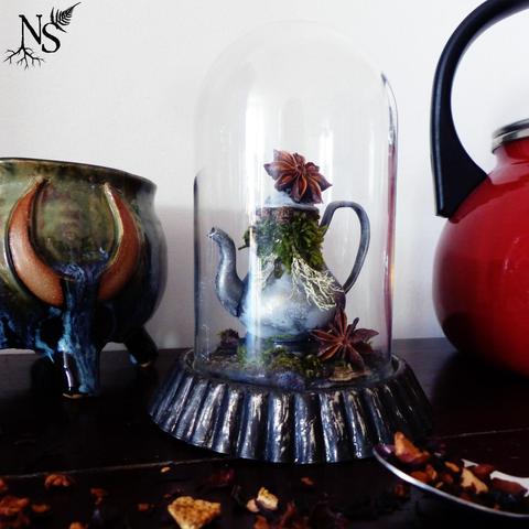 A second-hand glass dome is sitting on a shelf. It’s surrounded by a mug with a moon on it and a large teapot. Inside the dome is placed a tiny grey metal teapot. It’s decorated with moss, star anises etc. as if it was overflowing with a magical content. The bottom of the dome is a tart dish.
There’s a NS logo in one corner, with roots starting at the bottom of the N and a fern starting at the top of the S.
