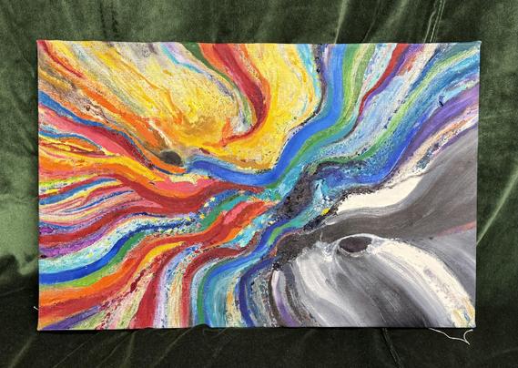 colorful movement flowing across the picture. The lower right is black, greys, and white and the swirls coming together look like a galaxy or black hole. The upper left is gold, yellows, and orange. The mid-line has a blue sine wave, which is a common theme in this series. I hope this explanation brings you joy, and please share if it made a difference. Art is a story to be heard, not always seen. Kluge