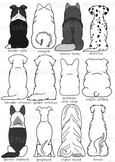 a bundle of linart of many dogs from rearview.