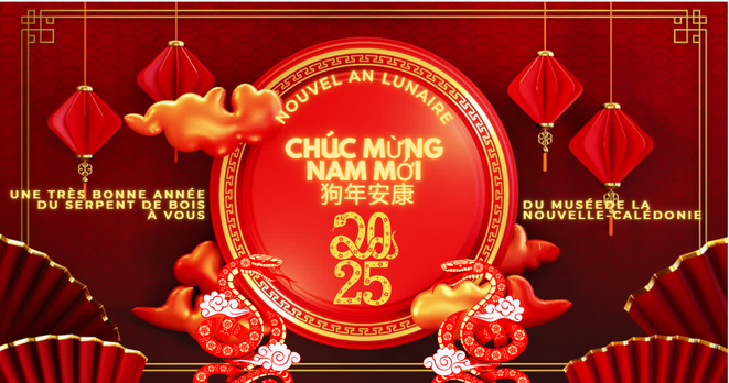 A vibrant red and gold digital artwork celebrating the Lunar New Year 2025, the Year of the Wood Snake. The design features a large red circular emblem with golden text in Vietnamese ("Chúc Mừng Năm Mới") and Chinese ("狗年安康"), wishing a happy new year. The number 2025 is elegantly placed below the text.