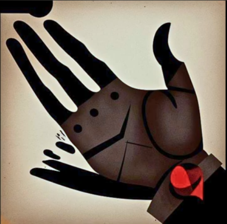 An abstract illustration of a right palm, with a face, and what's looking like a tie on the wrist.