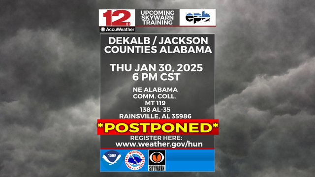 For our @WDEFNews12 viewers in NE Alabama, the NWS Huntsville has postponed this Thursday's scheduled #Skywarn volunteer #StormSpotter training session indefinitely. When a new date/time is selected, we will let you know. 