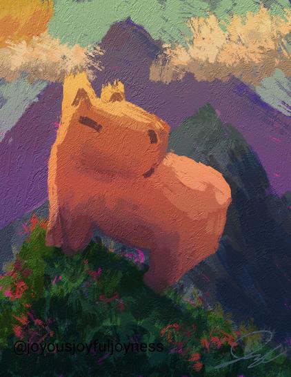 Painting of a capybara on a flowery hill with mountains, clouds and sun in the background. The artist's signature and watermark @joyousjoyfuljoyness are at the bottom left.