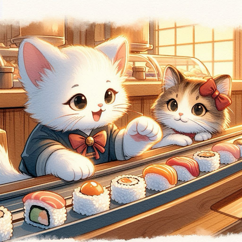 白猫と中国風の赤リボンの子猫らが回転寿司店でお勧めの寿司を教え合う。