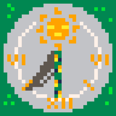 Pixel art of a top down view of a sundial. The face is grey stone with a brass sun with a neutral expression on it's north edge, and brass roman numeral sixes on the east and west edges, with a twelve on the south edge. There is a brass line at the southeast and southwest edges denoting nine A.M. and three P.M. respectlively. The hand casting the shadow was brass, but is oxidizing into greens and blues. Beneath the dial is green grass. The shadow falls on the southwest of the dias: three P.M.