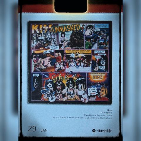 Abreißtageskalender mit dem Kalenderblatt des Vinyl-Covers der LP "Unmasked" (1980) von KISS
