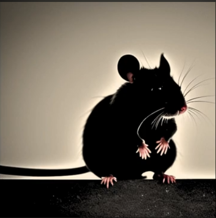 An illustration of a cute black rat who is looking very sad. 
