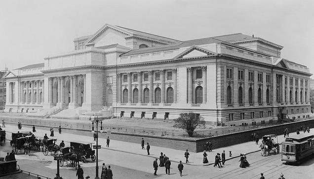The New York Public Library, glass negative from 1908 depicting horse carriages and trolleys. Late stage construction: trademark lions not yet installed.
