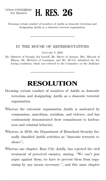 H. Res. 26 by MarjTaylorGreen labeling Antifas “domestic terrorists”