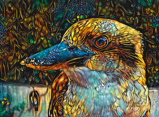 
Colorful digital art rendition of my photography of a wild kookaburra waiting for food with a textured brick overlay.

Kookaburras are terrestrial tree kingfishers of the genus Dacelo native to Australia and New Guinea, which grow to between 28-42 cm (11-17 in) in length.
The kookaburra's loud call sounds like echoing human laughter.  By Kaye Menner