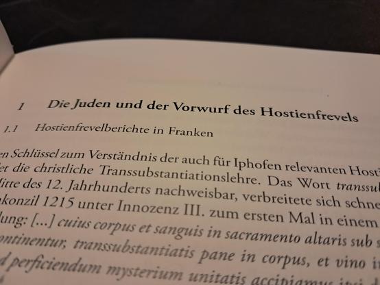 Teil des ersten Kapitels "Die Juden und der Vorwurf des Hostienfrevels" Der Rest des Textes ist nur teilweise sichtbar bzw. teils unscharf.