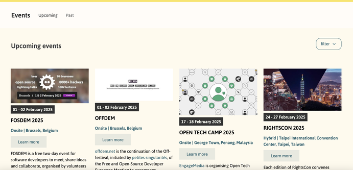 Screenshot of an APC webpage displaying upcoming tech-related events. The events listed include FOSDEM 2025 (1-2 February in Brussels, Belgium), OFFDEM (1-2 February in Brussels, Belgium), OPEN TECH CAMP 2025 (17-18 February in George Town, Penang, Malaysia), and RIGHTSCon 2025 (24-27 February in Taipei, Taiwan). The page has a beige background, event images, descriptions, and "Learn more" buttons for each event.